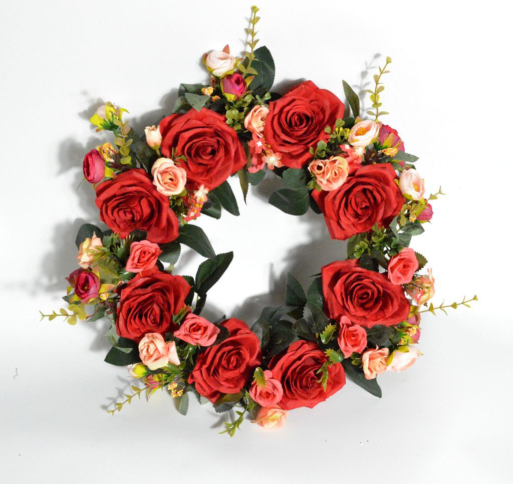 厂家直销亚马逊货源红玫瑰茶花花环门饰圣诞节装饰绢布花
