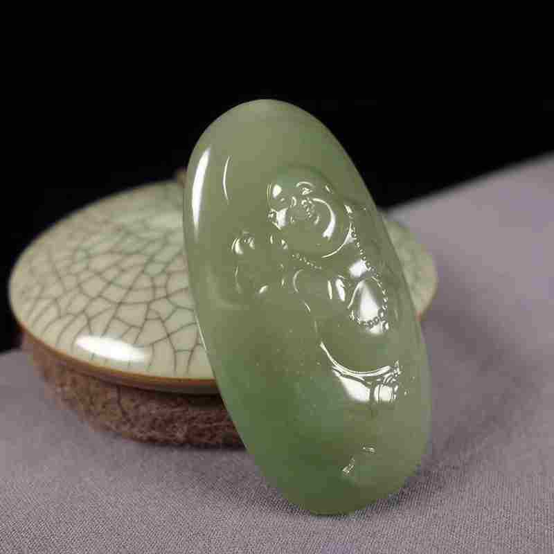 温润斋和田玉青海料湖水绿精雕弥勒佛女款吊坠配饰守护平安送证书