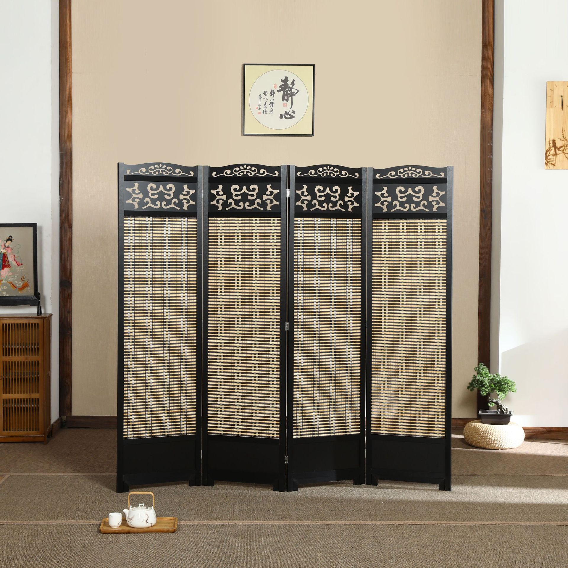 新中式屏风隔断复古中国风红木实木镂空竹编移动折叠屏风玄关座屏