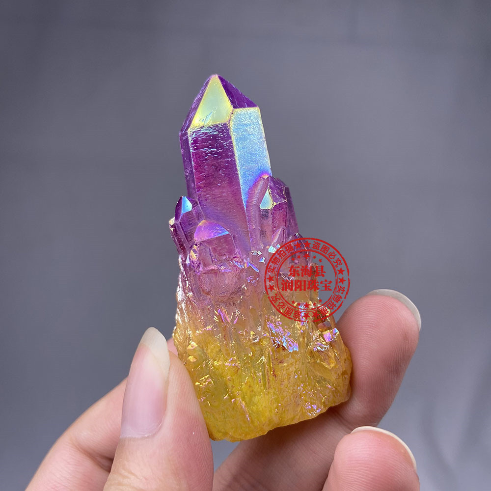 天然白水晶簇电镀双色彩虹色火焰晶块能量石消磁摆件厂家批发