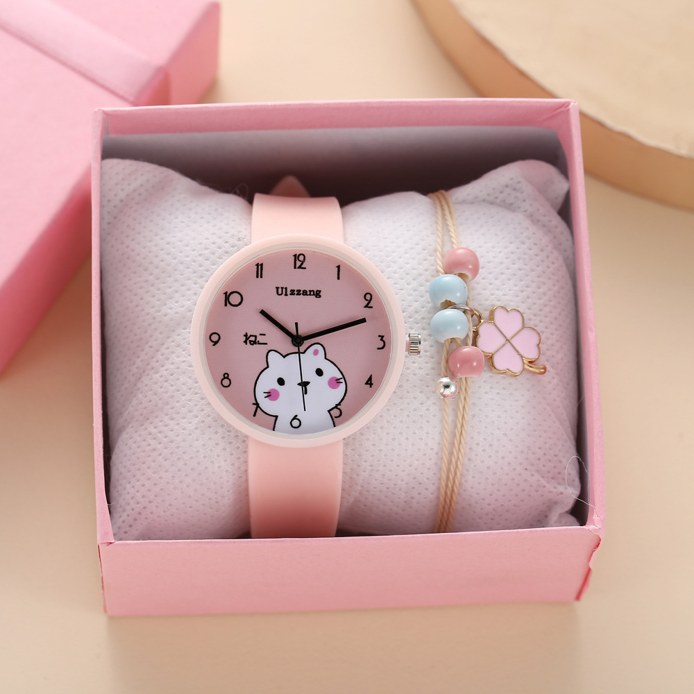 休闲时尚百搭清新可爱动物表盘硅胶石英手表 四叶草手(2pcs/set)