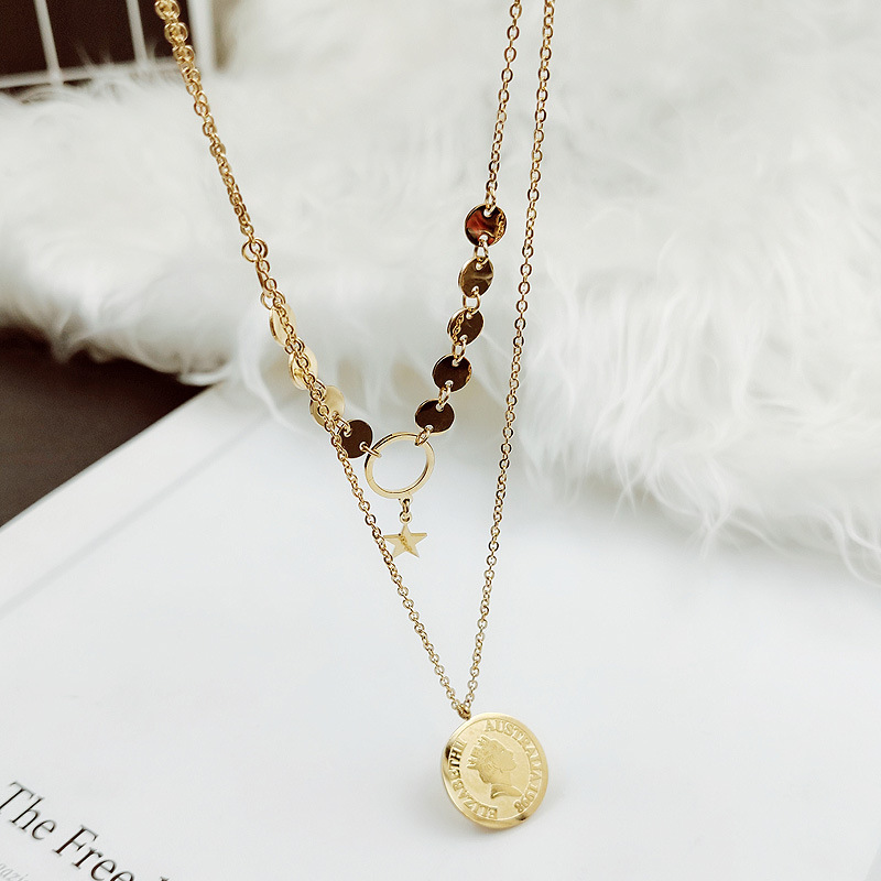 Double-Layer Titanium Steel Vintage Queen Avatar Gold Coin Coin Necklace Short Sweater Chain Women's Simple Temperament Clavicle Chain