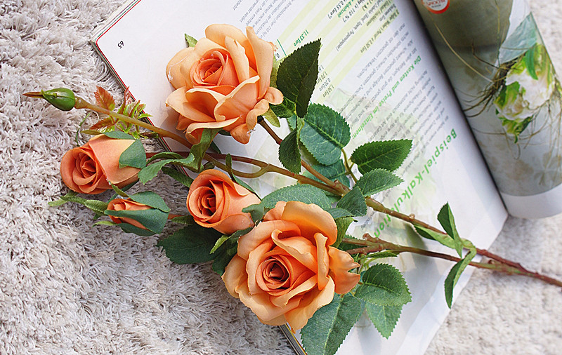 单枝2叉多头梦幻玫瑰 仿真单支多头咖啡色玫瑰花束人造花婚庆布景