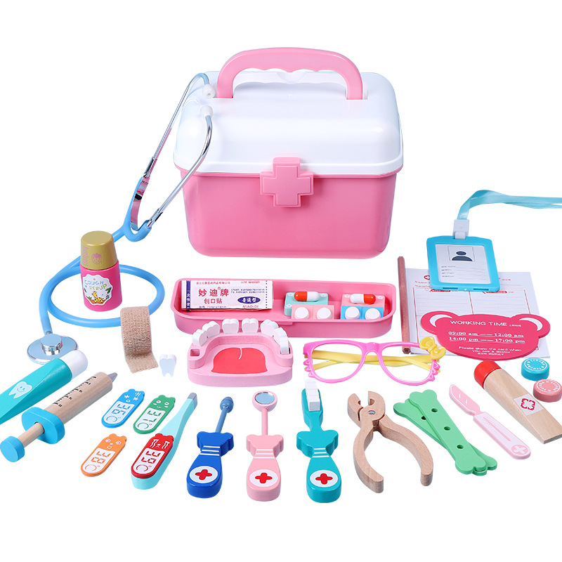 Wooden Children's Simulation Play House Little Doctor Toy Set Girl Injection Teeth Medicine Box Infusion Support Stall