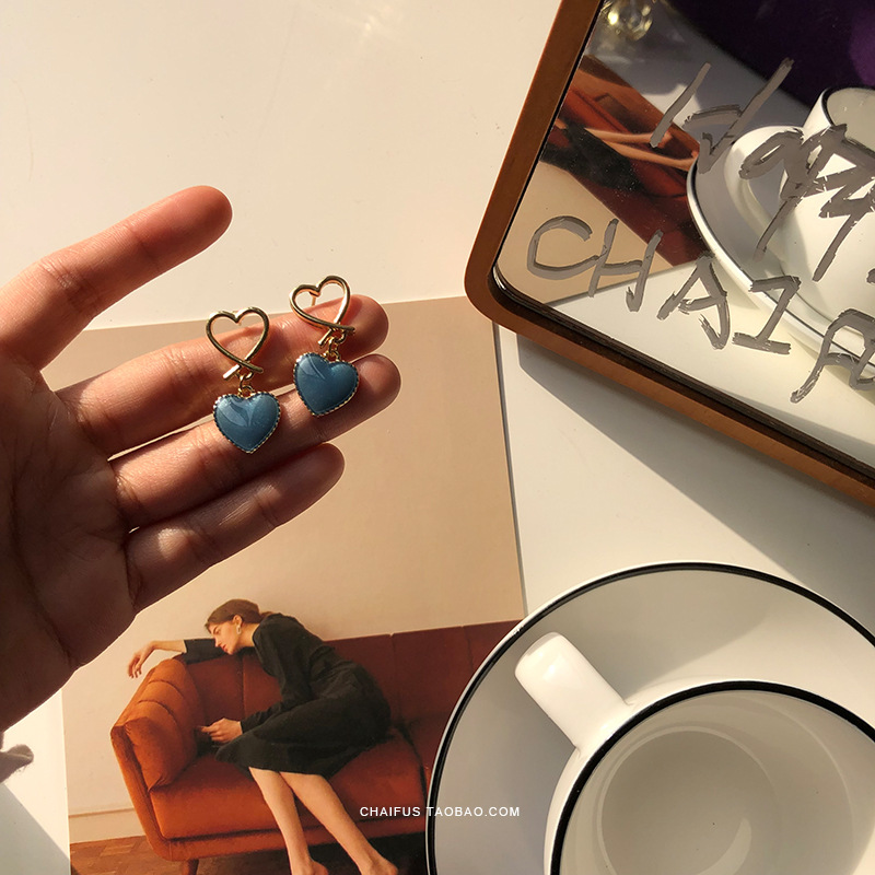 阿柴e489 宫廷风爱心复古蓝滴釉桃心耳坠气质文艺冷淡风少女耳环