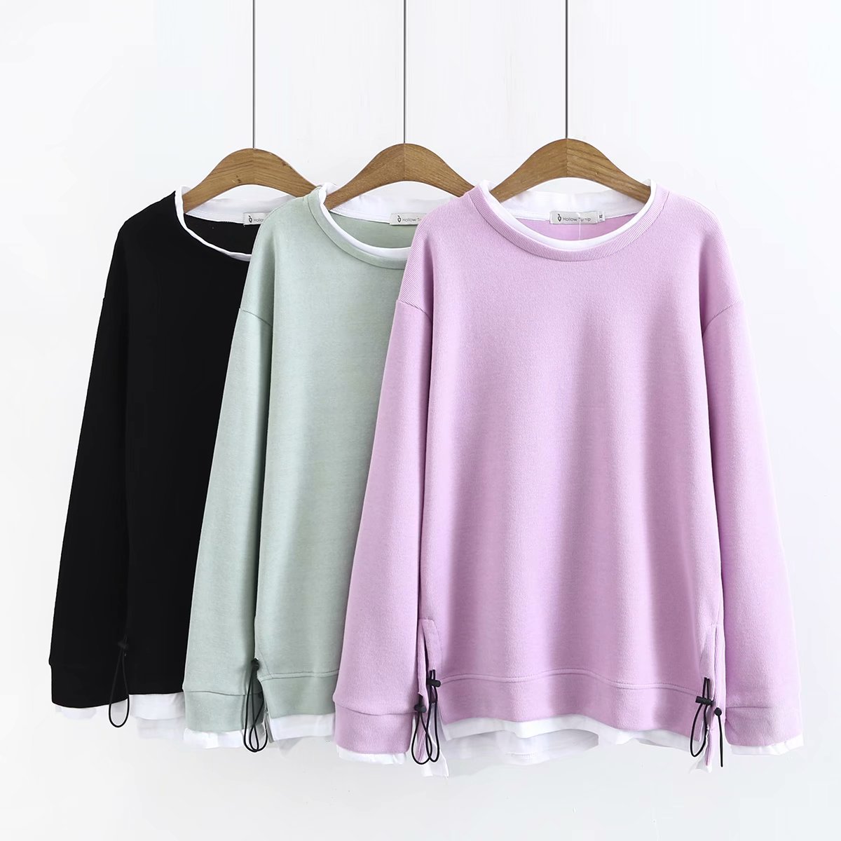 胖mm加大码秋季新品韩版时尚宽松版下摆抽绳假两件卫衣 z105 2085