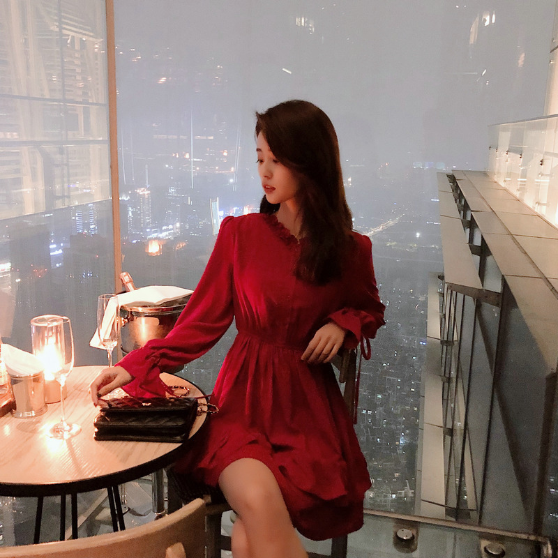 香港2020小香风网红女装中长款长袖薄款网纱淑女红色收腰连衣裙子