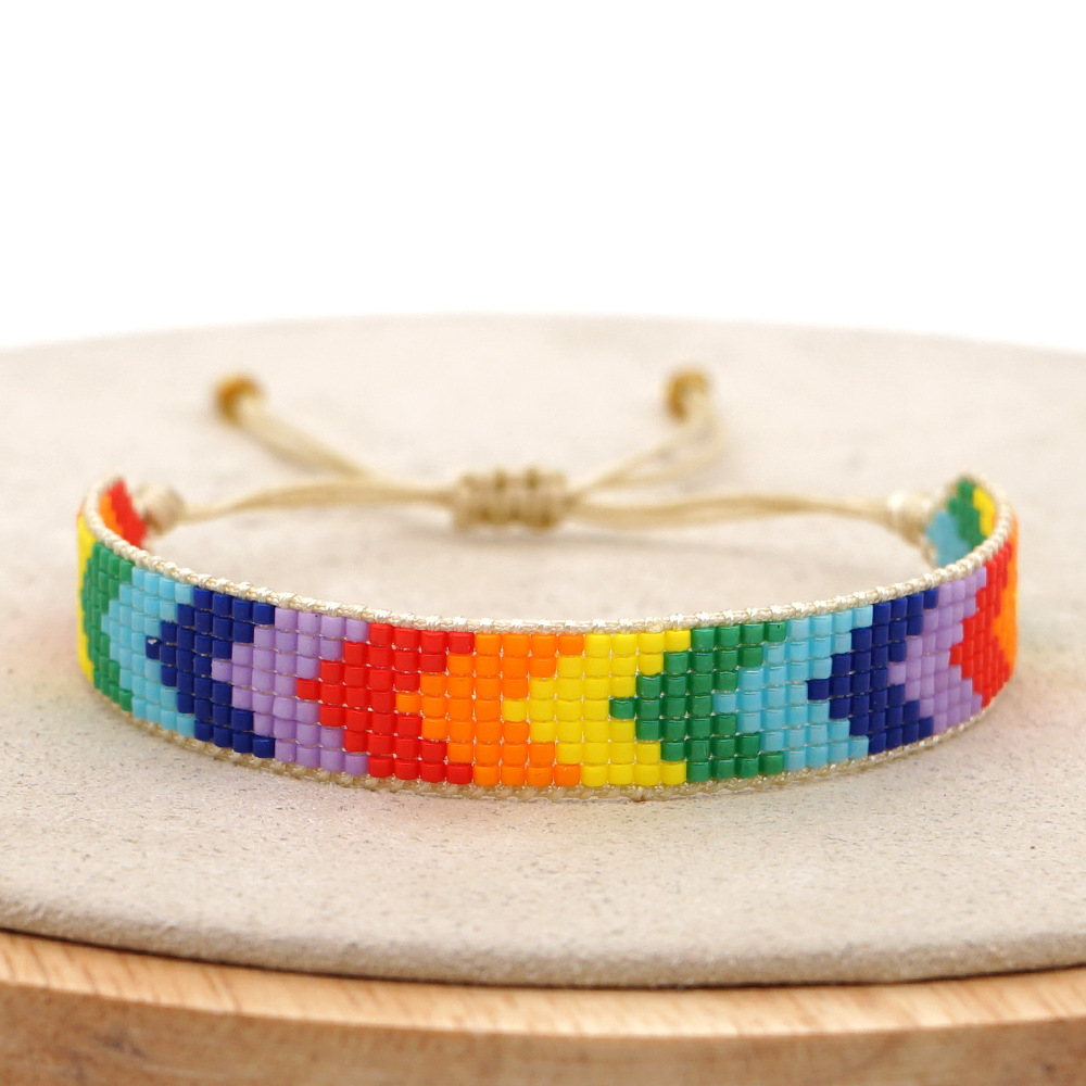 亚马逊跨境miyuki串珠米珠手工编制几何形配饰撞色百搭彩虹宽手链