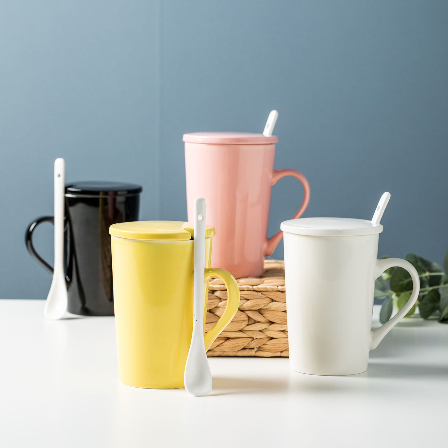 批发陶瓷水杯带盖带勺马克杯 纯色小清新杯子大容量茶杯