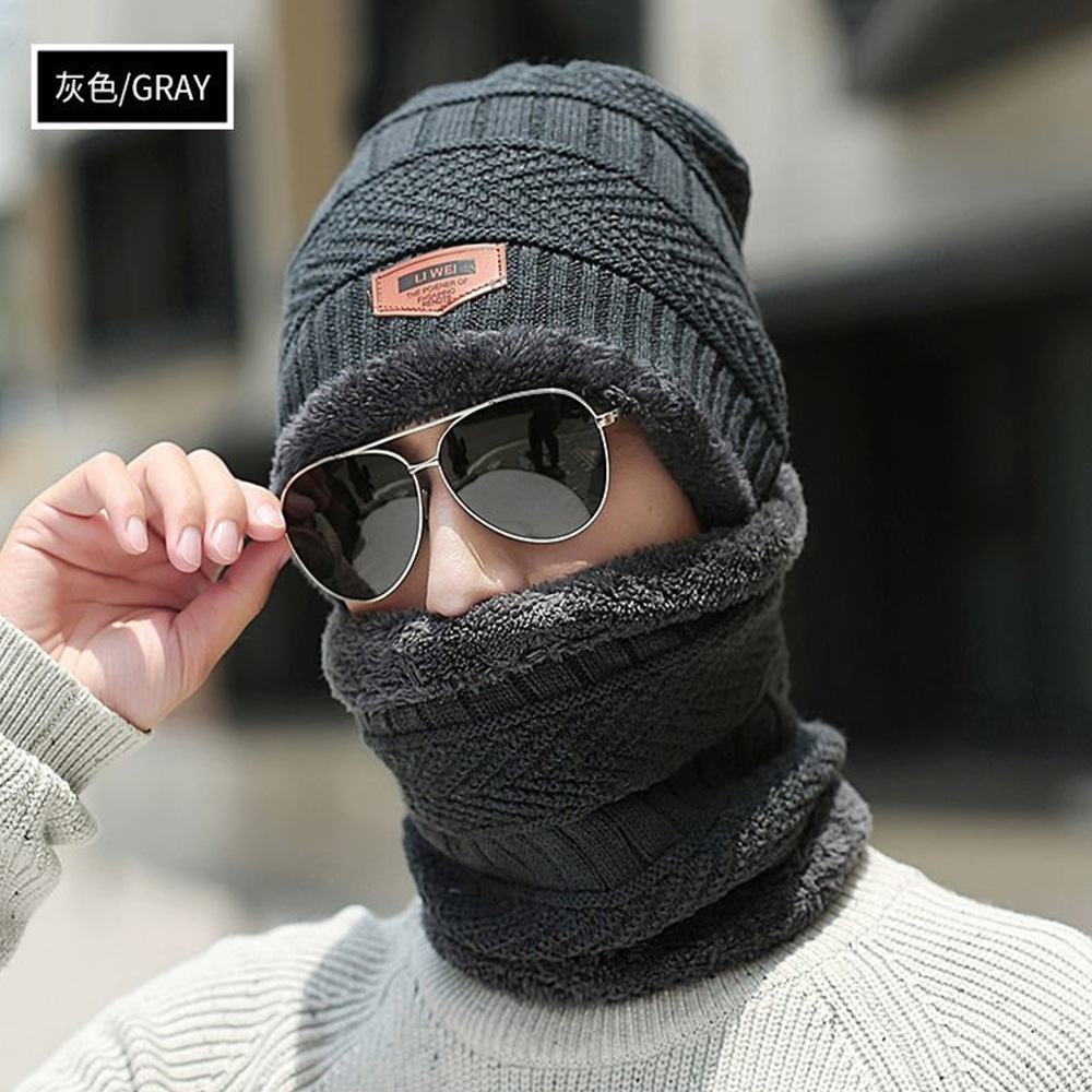 Winter Hat Men's Fleece-Lined Warm Wool Hat Women's Scarf Hat Outdoor Cold-Proof Knitted Hat Ear Protection Cotton Hat