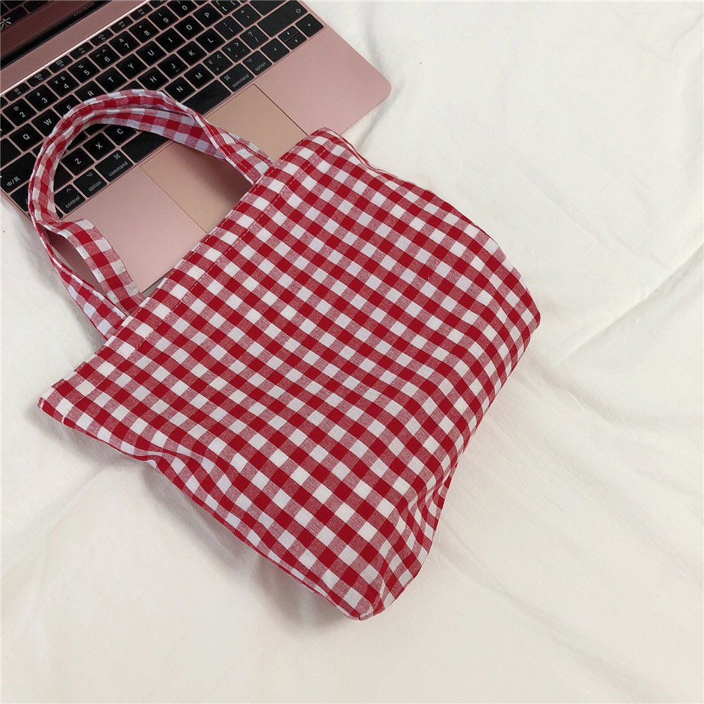 手提格子棉布袋小布包可爱百搭韩版格纹日常小拎包便当包妈咪包