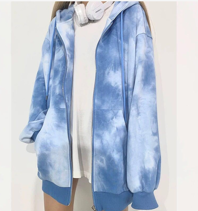 【爆款】高街风扎染卫衣女中长款2021早秋新款宽松显瘦长袖上衣潮