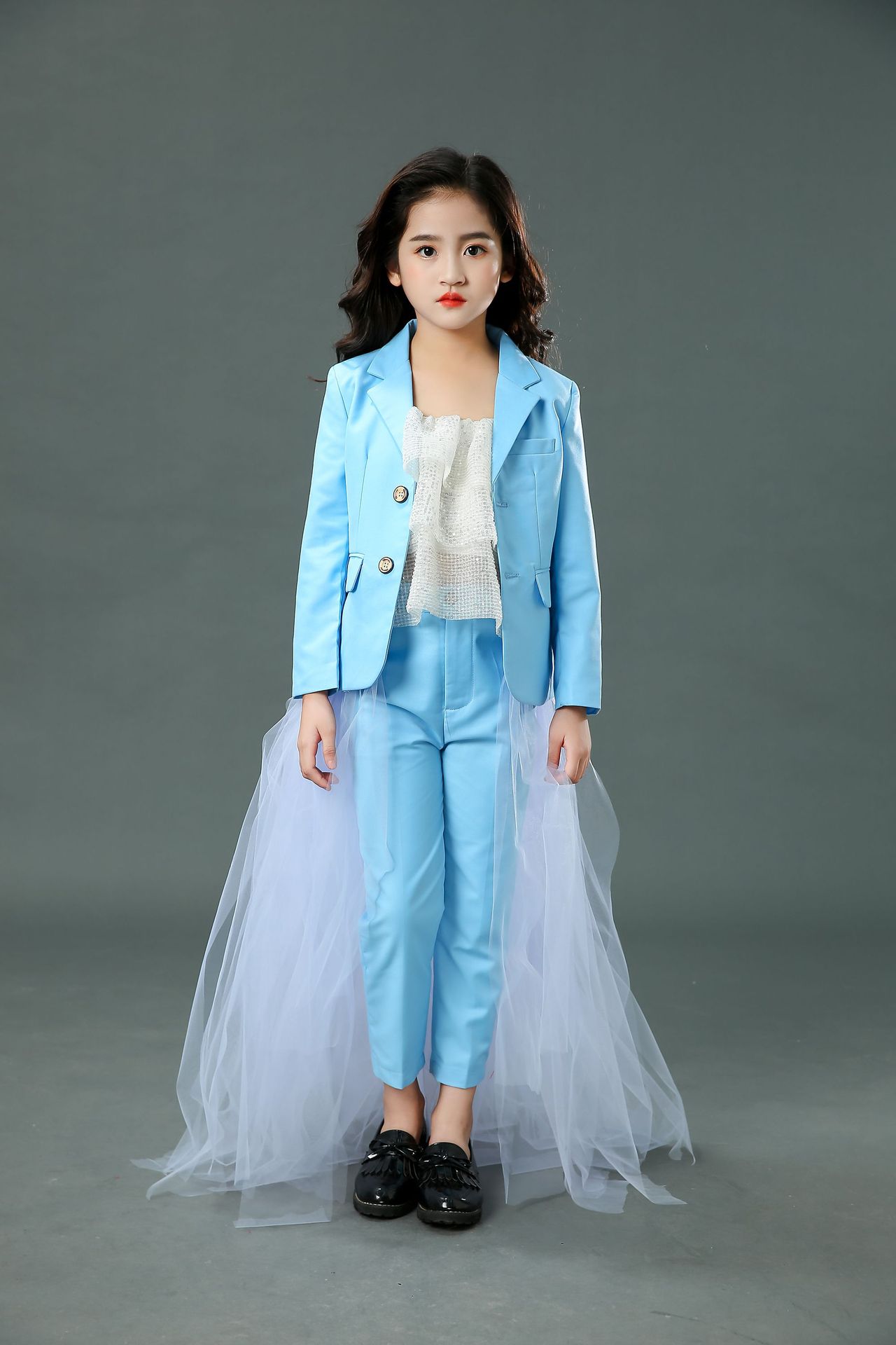 儿童礼服西服套装女童模特时尚走秀潮服个性蓝色洋气高端演出服秋