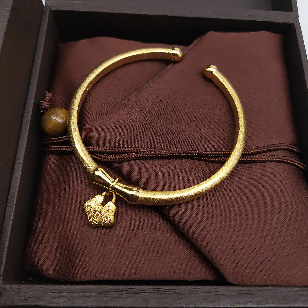 黄金手镯古法传承金镯子999足金磨砂福锁宫铃开口手圈24k纯金首饰