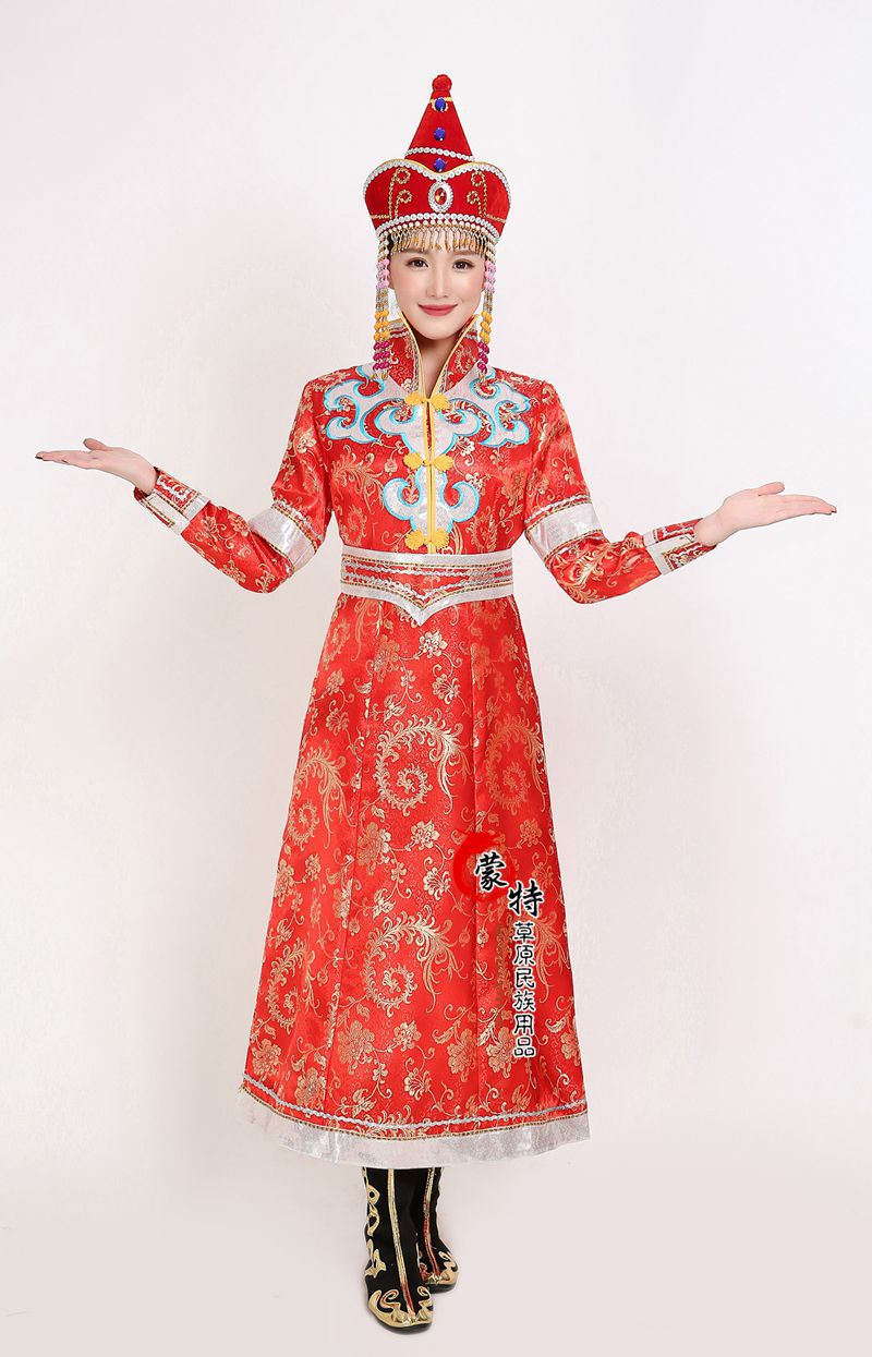 女士蒙古袍 蒙古族礼仪舞蹈演出服装民族服装女蒙古婚礼礼服热卖