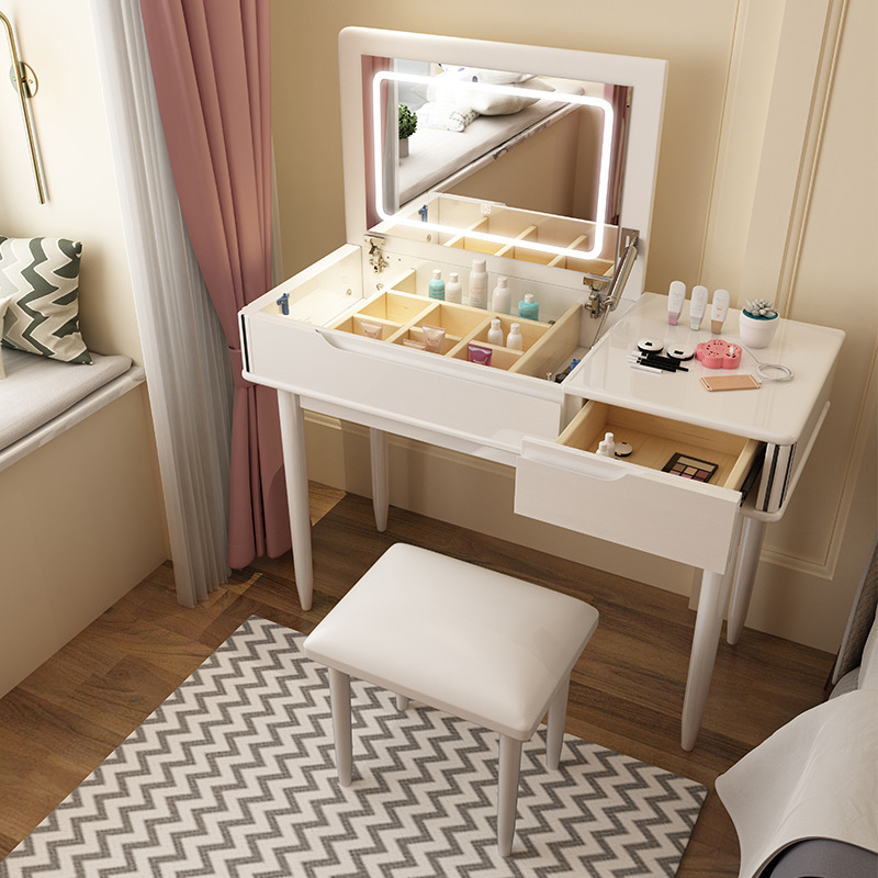 轻奢梳妆台小户型简约现代化妆台书桌一体卧室翻盖网红ins风带灯