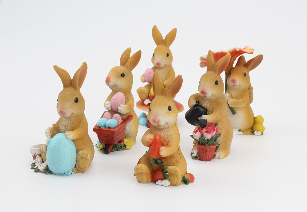卡通彩绘小兔子公仔摆件 树脂工艺品微景观装饰动物小摆件 六只装