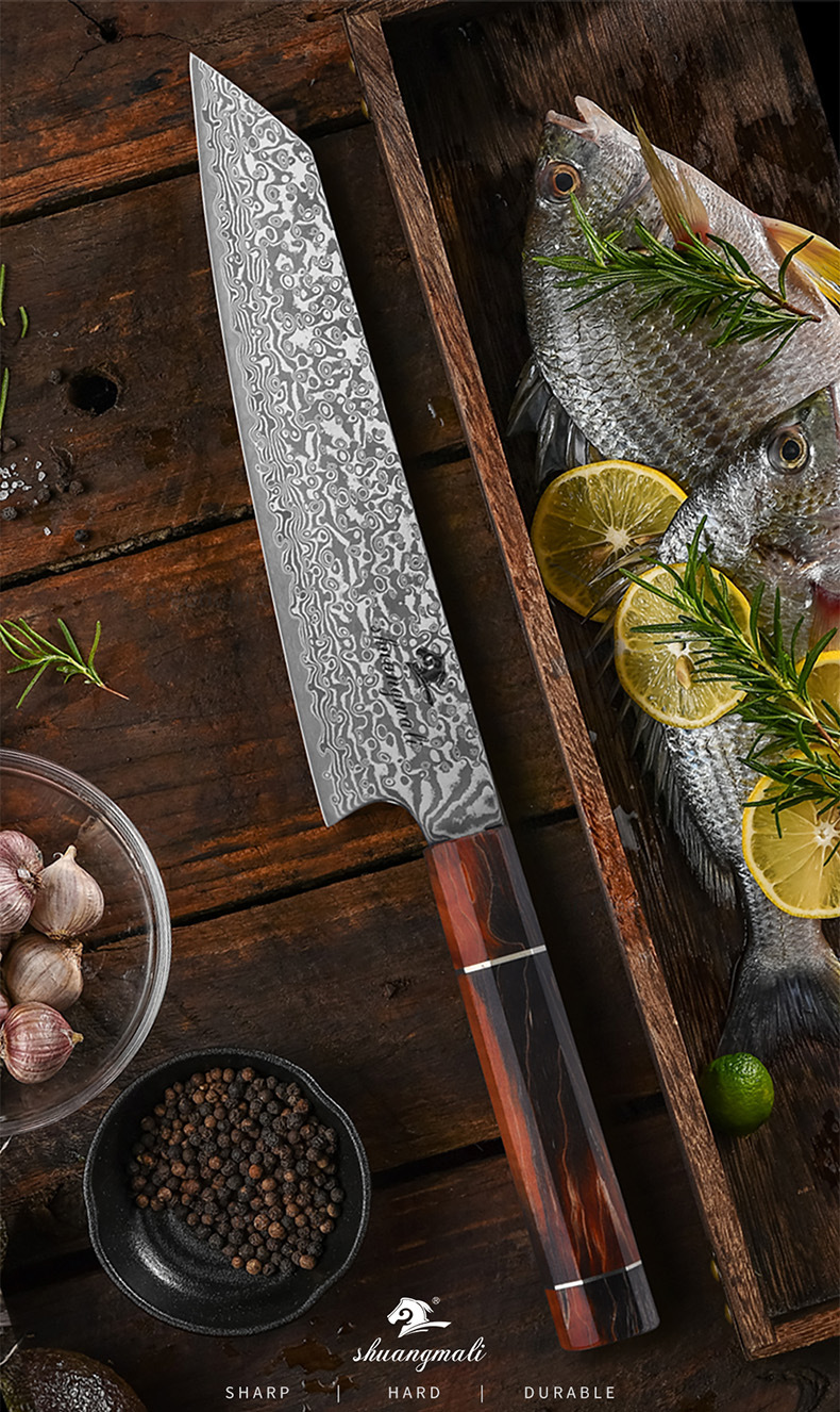 大马士革钢刀固化木手把8寸厨房切付牛刀切肉刀具跨境代发