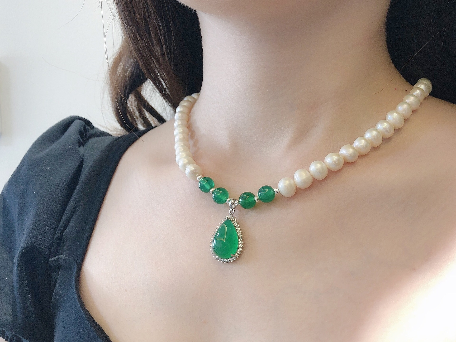 天然淡水珍珠项链女s925银妈妈玉髓翡翠饰品配检测证书母亲节礼物