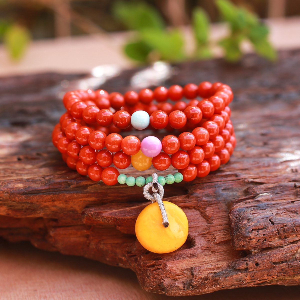 天然川料满肉柿子红南红手链108颗南红佛珠四圈红色吉祥手串