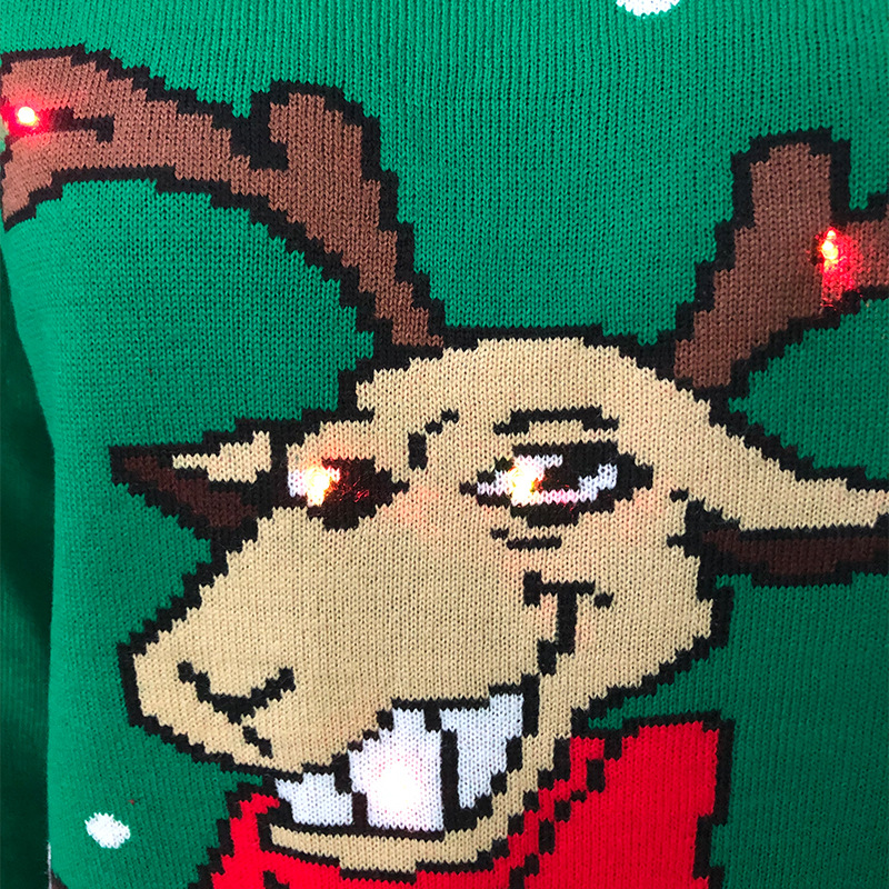 Foreign Trade European and American LED Colored Lamp Christmas Sweater Deer Jacquard Loose-Fitting Knitwear Pullover Sweater Customization