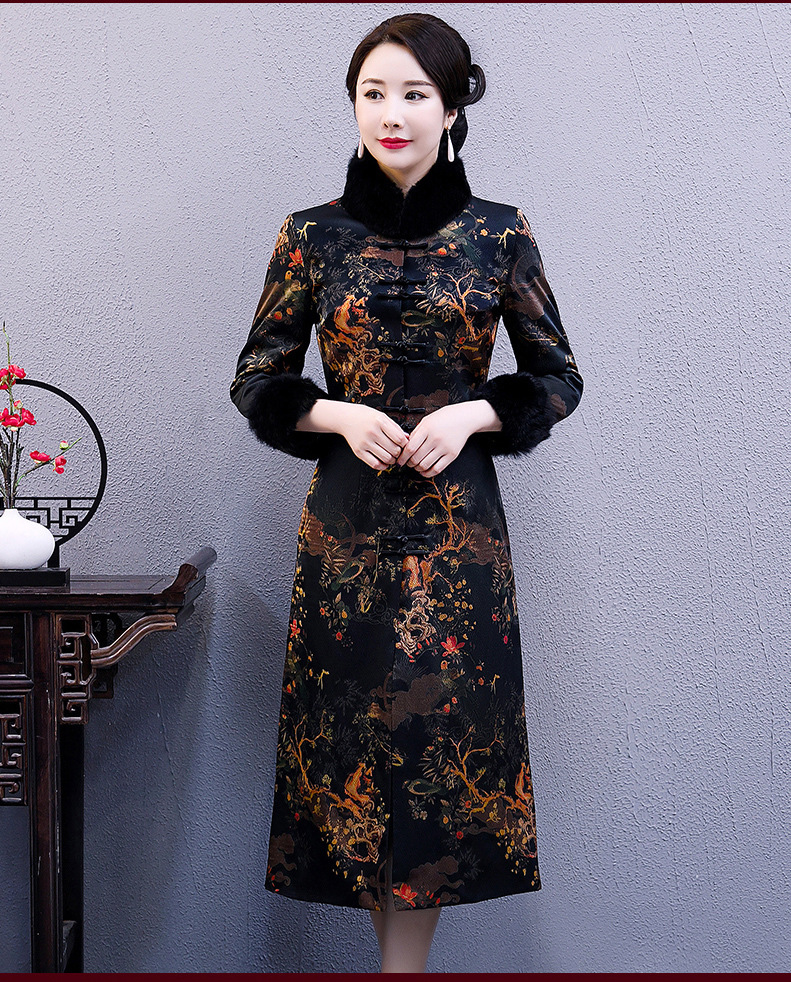 中国风珍珠缎真丝长袖夹棉兔毛旗袍外套货号xg2495
