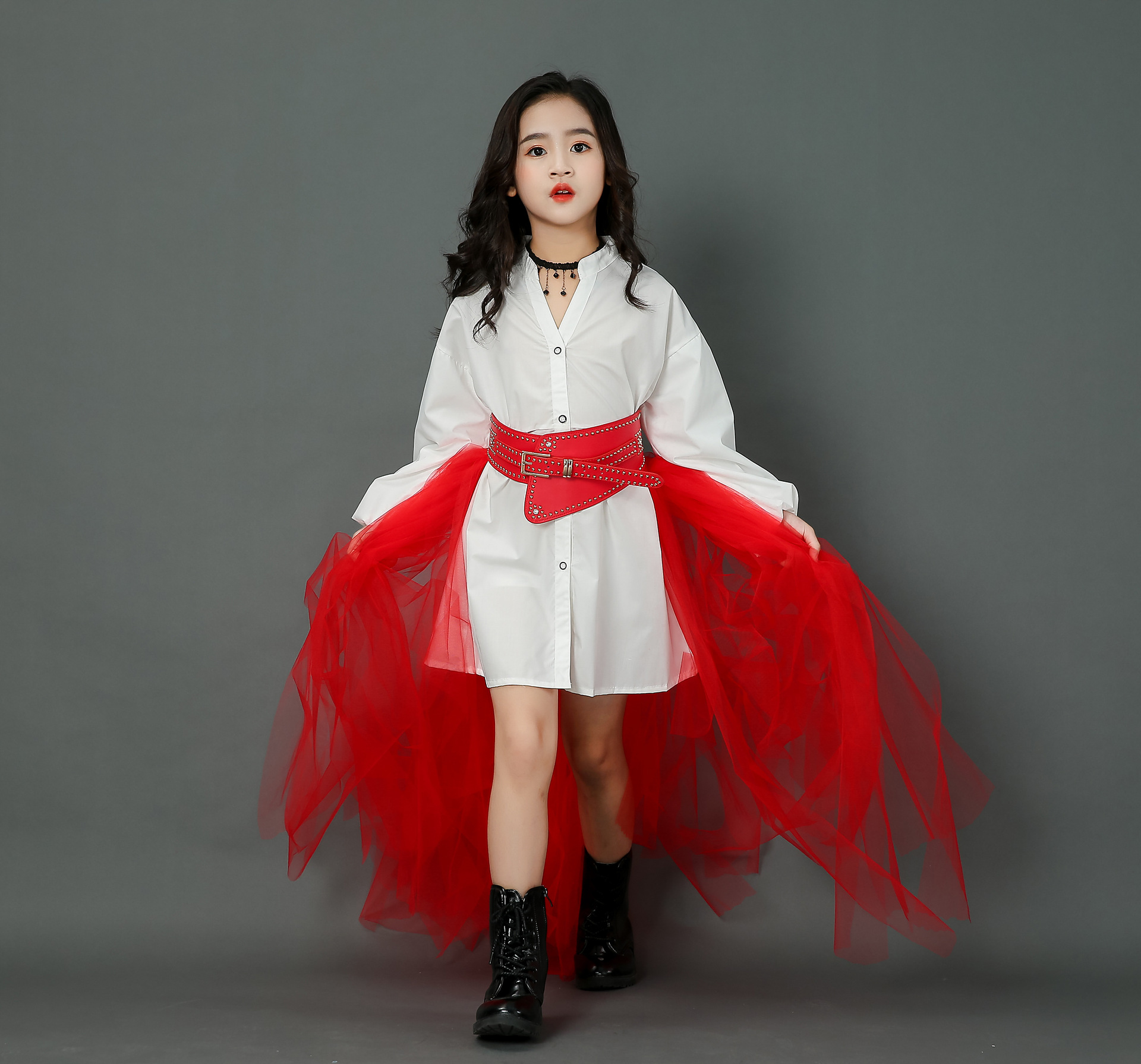 女童潮服红色超酷套装儿童走秀车模时尚个性演出服模特时装秀礼服