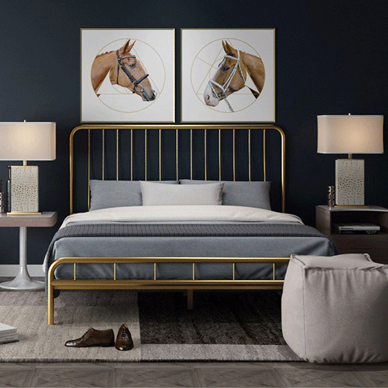 北欧简约金色铁艺床家用卧室1.8米双人大床公寓出租屋1.2米铁架床