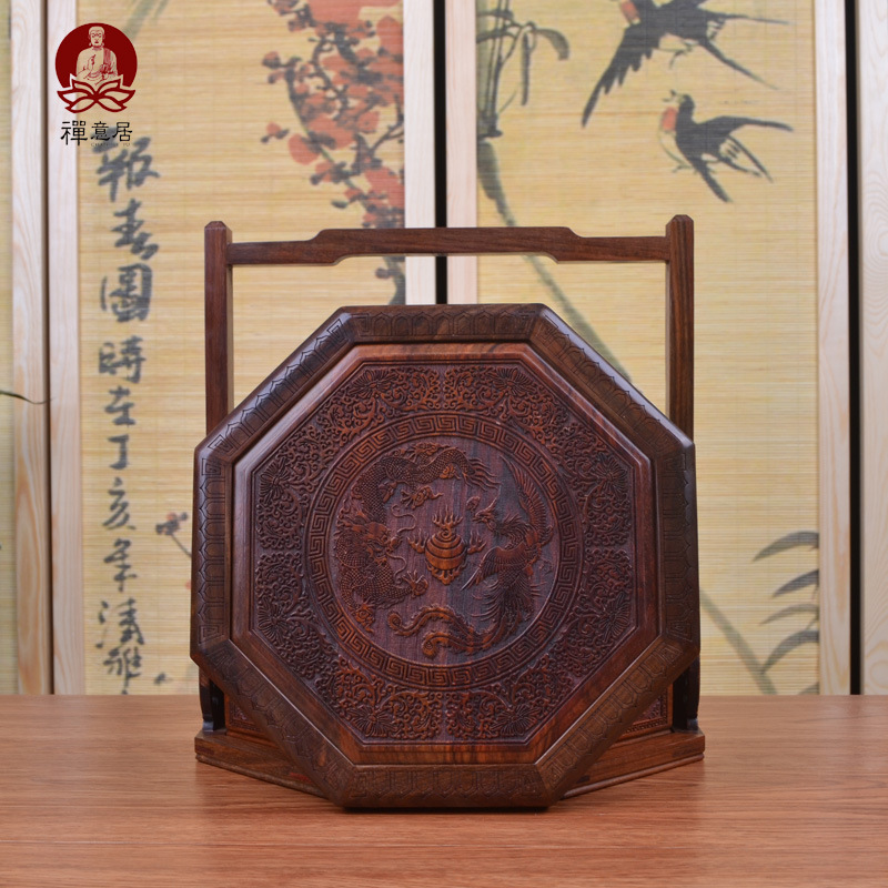 木雕老挝大红酸枝古典宫廷式点心盒三层式提篮送礼家居礼品