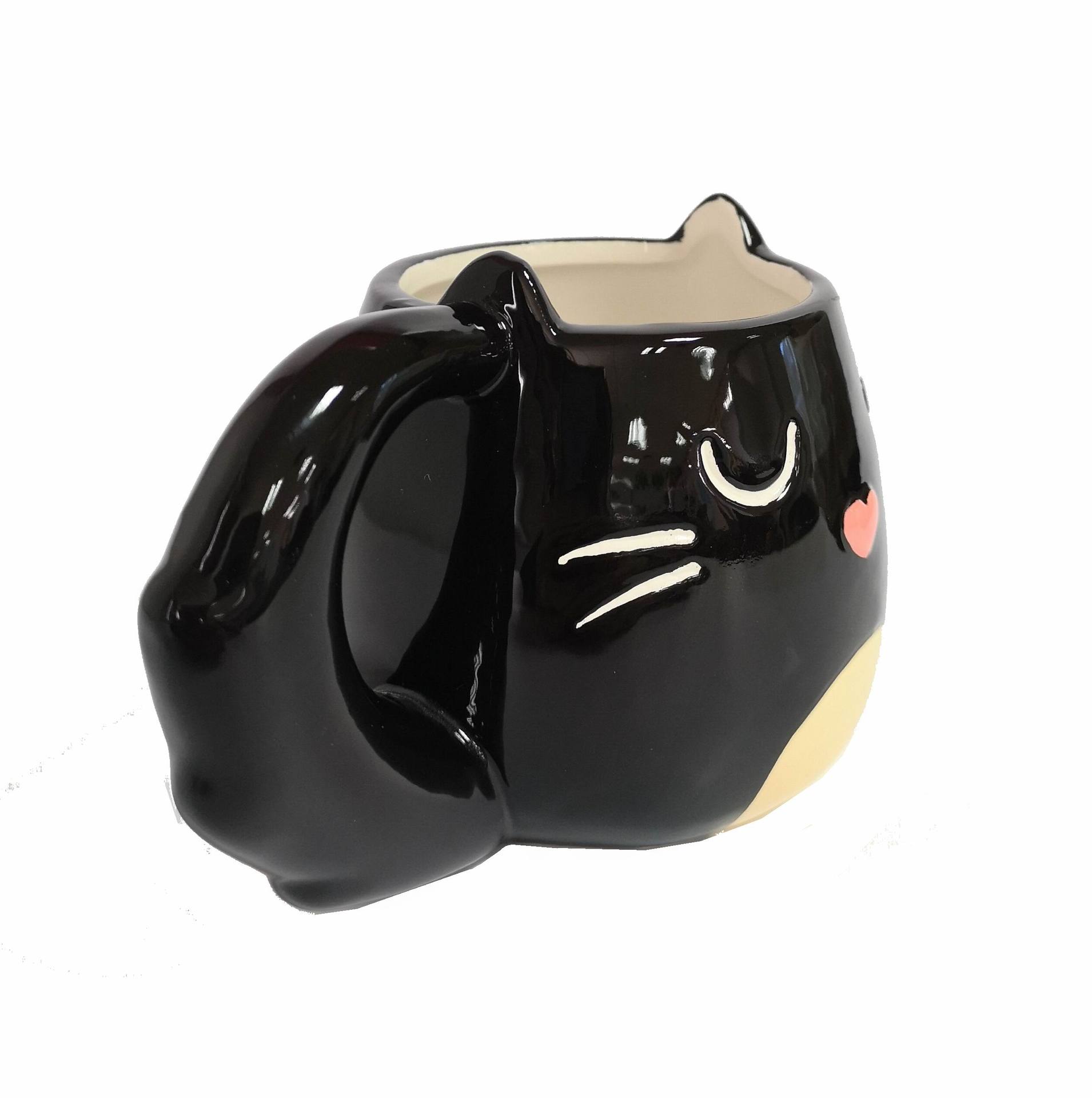 黑色猫杯猫咪早餐牛奶杯 办公创意水杯桃心鼻子带胡须陶瓷马克杯