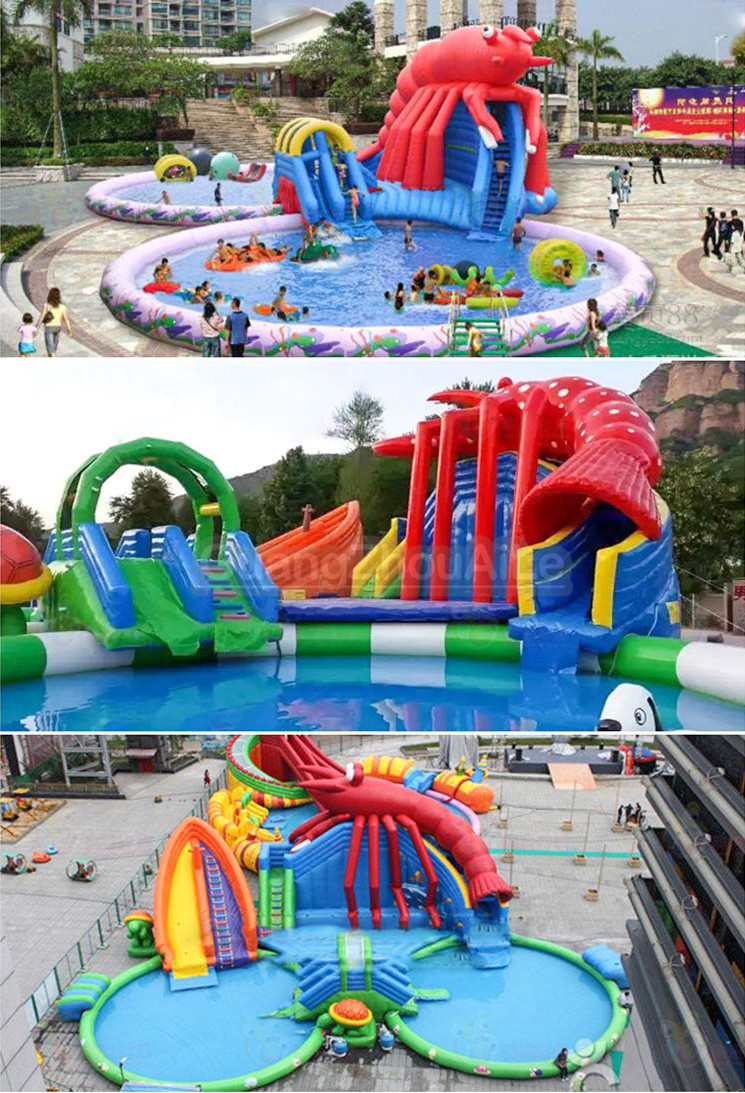 厂家直销大型户外水上乐园设备滑梯组合气模支架水池充气龙虾乐园