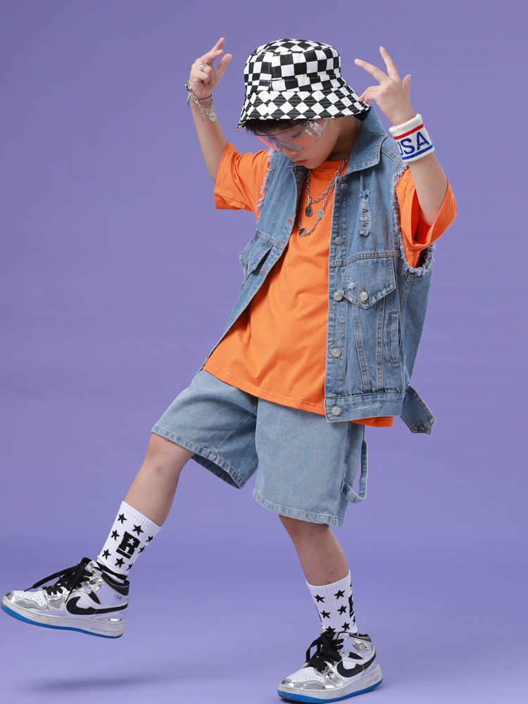 儿童街舞套装男童hiphop帅气牛仔马甲bboy演出服少儿个性走秀潮服