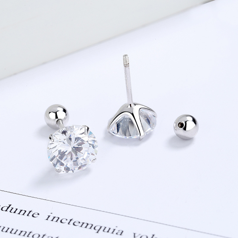 S925 Sterling Silver Zircon Four-Claw round Beads Thread Stud Earrings Female Screw Tightening Buckle Ear Bone Stud Simple Fashion Ear