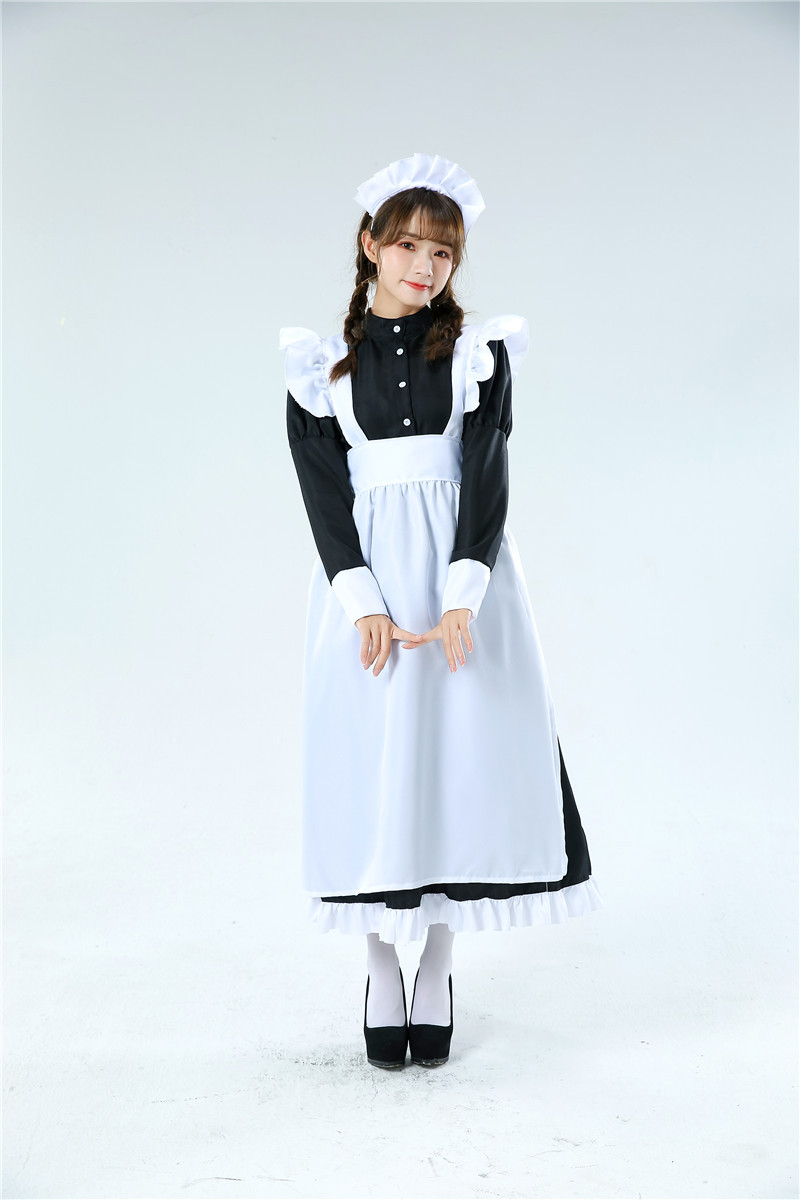 经典款黑白女仆英国风珍珠线长款咖啡厅女佣万圣节cosplay服批发