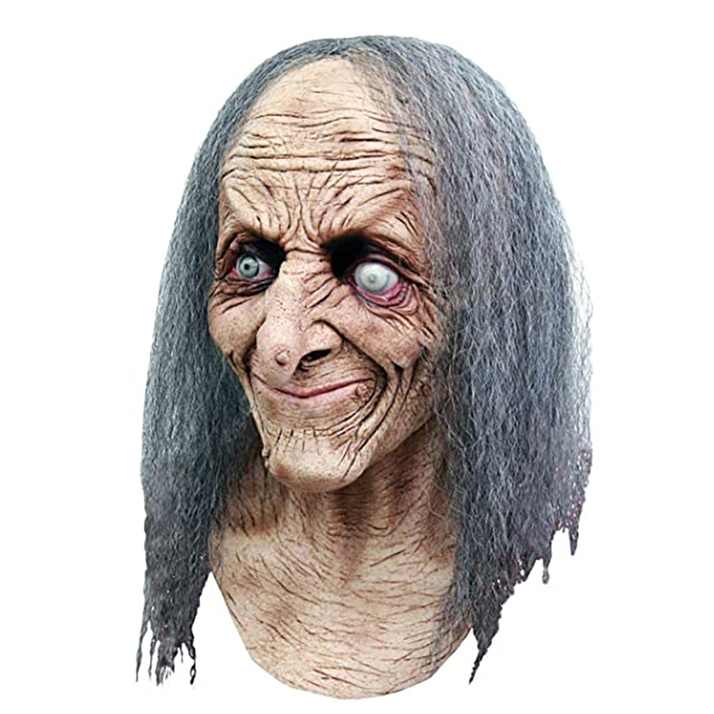 万圣节新款恐怖女巫婆面具复活节暗夜獠牙女巫假发乳胶头套面具