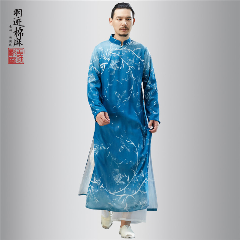 春夏长衫男民国复古印染汉服唐装宽松古风大褂男立领中国风长袍男