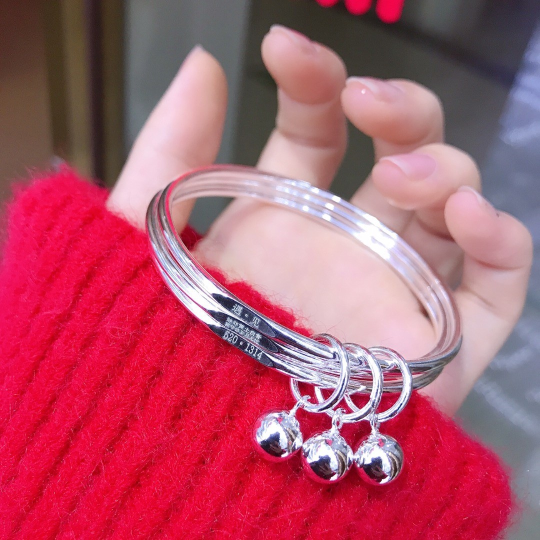 七夕情人节礼物镀银999爆款时尚光面三生三世带铃铛闭口手镯女生