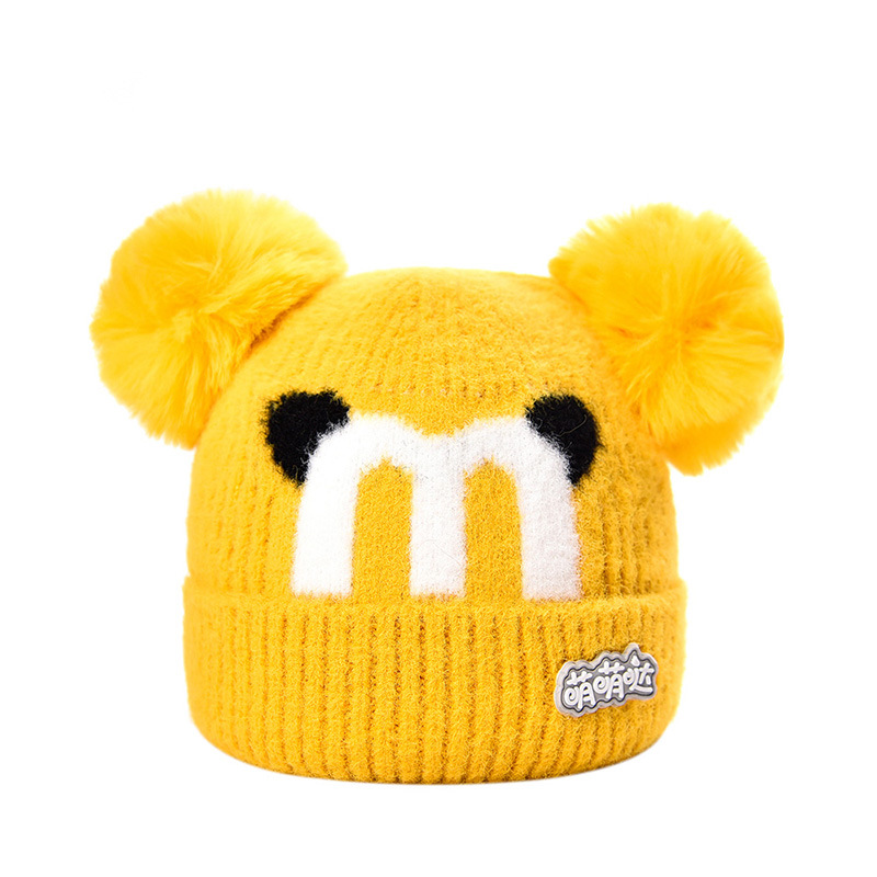 Fur Ball Knitted Earflaps Cap Thickened Warm Hat Cartoon Hat Autumn and Winter New Woolen Cap Male and Female Baby Children Hat