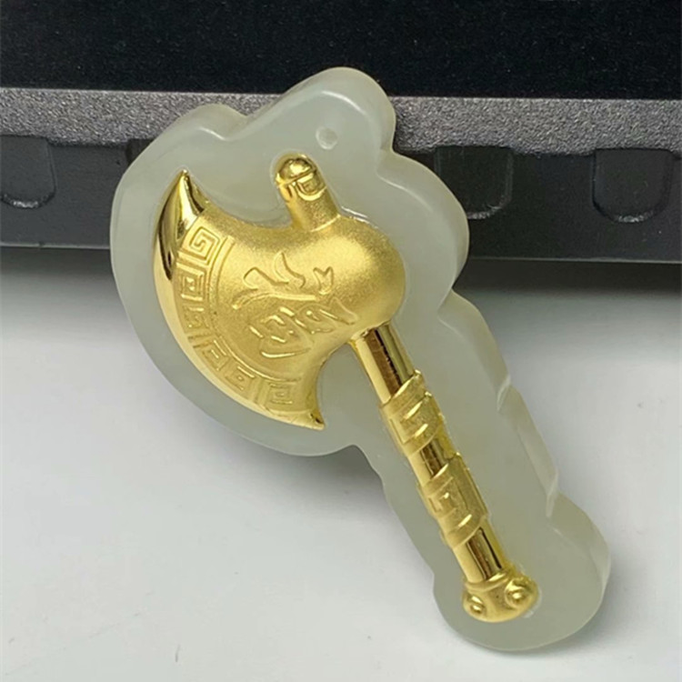 新款金镶玉4d足金和田玉吊坠福气满满斧头黄金吊坠代代福吊坠批发