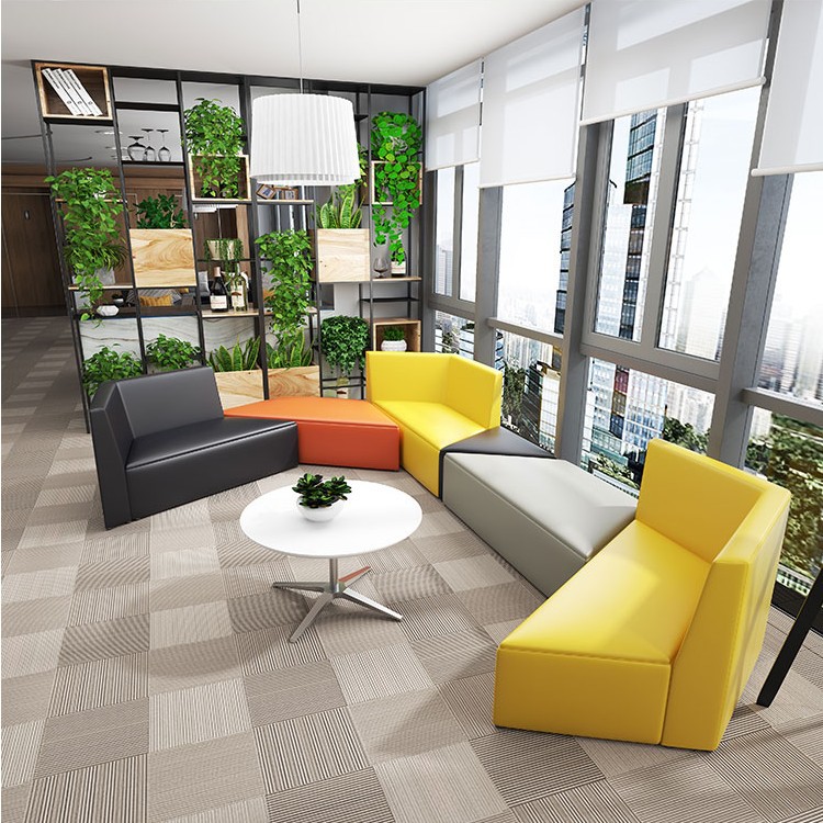 创意办公室休闲区接待大厅沙发简约现代休息区拼接皮沙发茶几组合