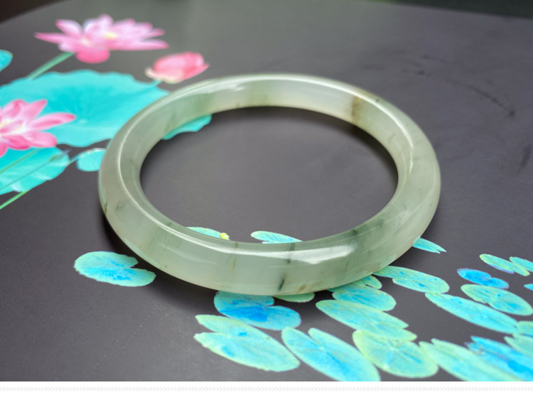 金丝玉圆条手镯天山翠飘花玉镯新疆翠玉雪域冰翠女士手环饰品