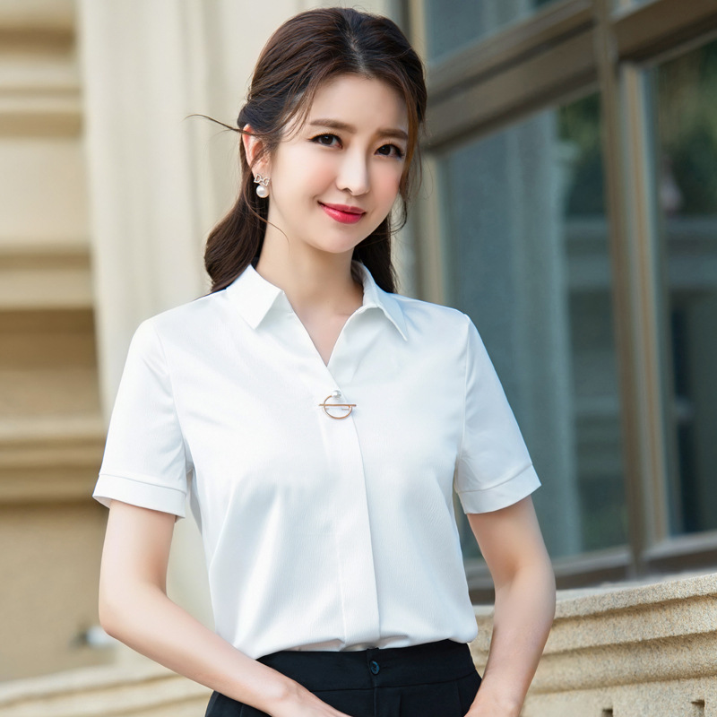 套头锻贡料职业装短袖经理业务员女衬衫绣logo批发2020年春衬衫女