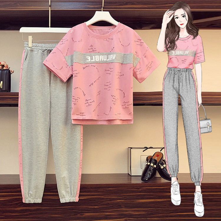 休闲时尚套装女夏装2021新款潮流宽松短袖运动服九分裤洋气两件套