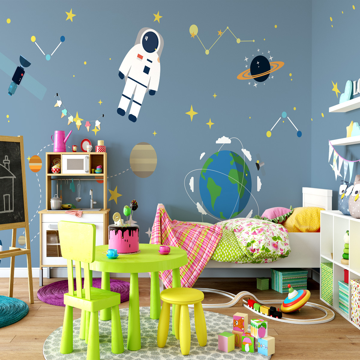 卡通儿童房壁纸男孩卧室墙纸太空星空主题房壁画环保定制无缝墙布