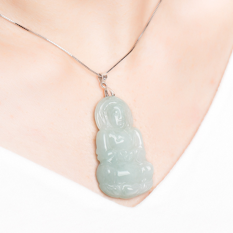 翡翠观音吊坠 女款天然缅甸糯冰种玉锁骨项链 玉佩a货玉石带证书