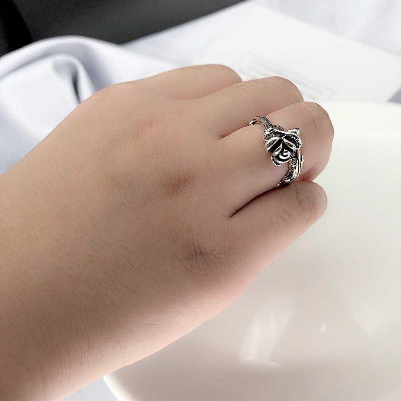 European and American Style Deer Rose Ring Single Ring Cold Style Elegant Women's Ring Female Thailand Silver Retro Style Open Ring