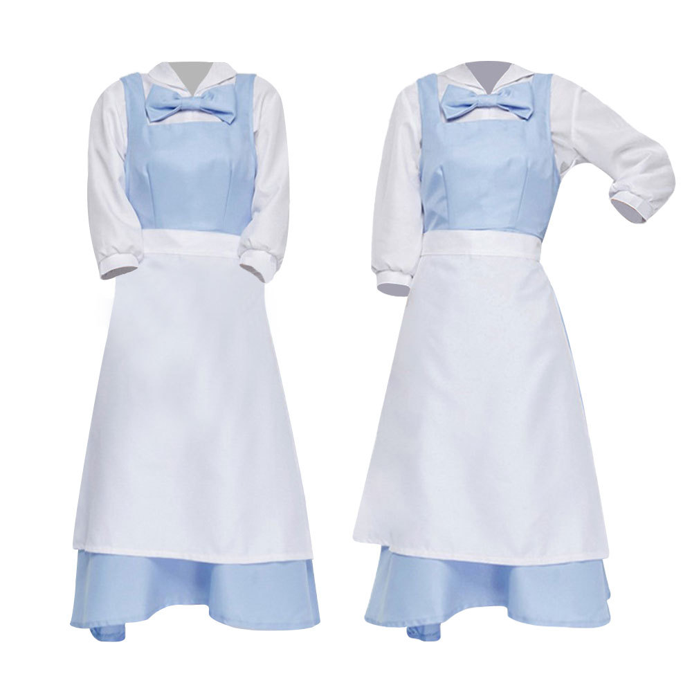 美女与野兽贝尔公主cospla服蓝色女仆装新款贝儿公主蓝白色连衣裙