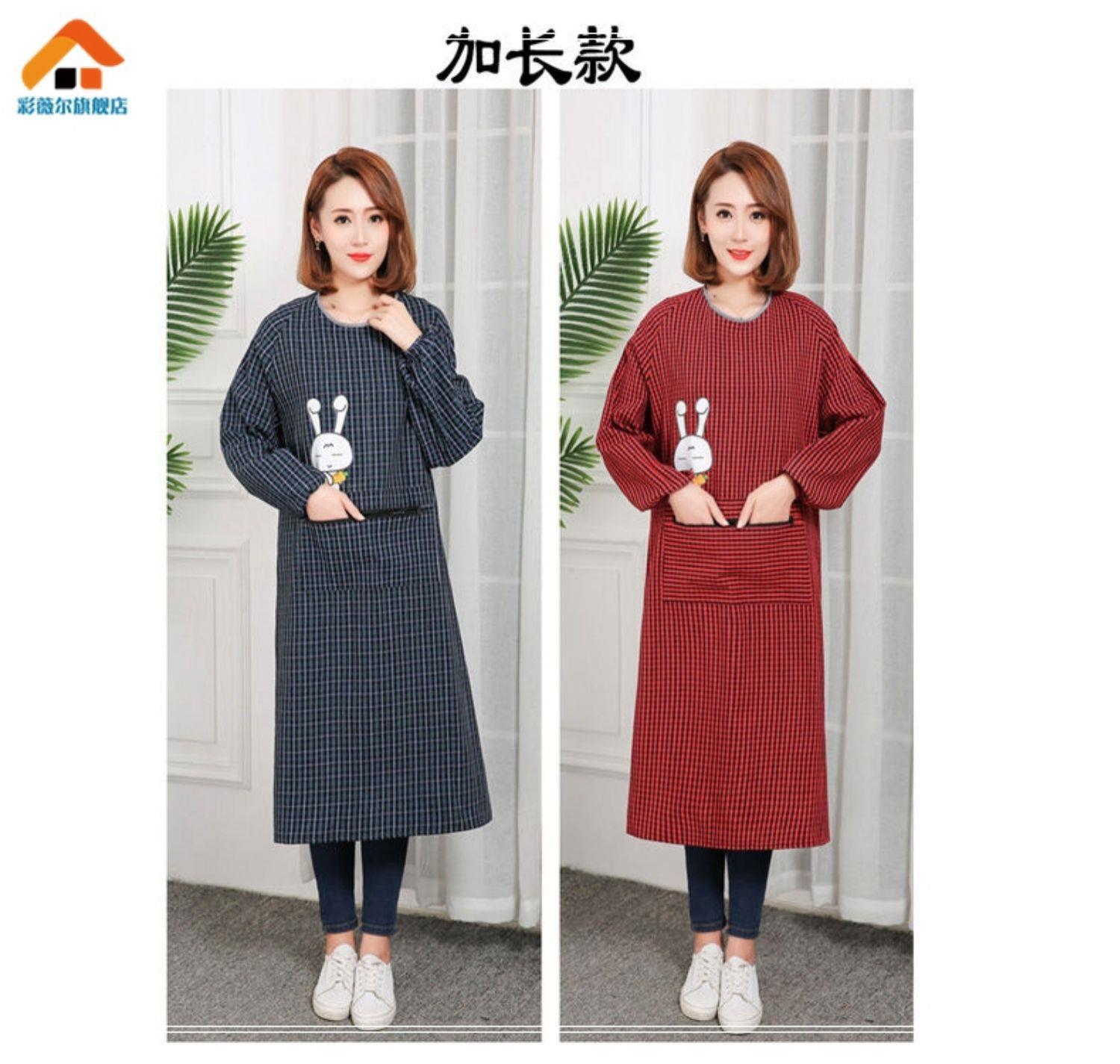 围裙罩衣纯棉时尚可爱冬季老粗布加长加大长袖拉链兜棉布女工作服