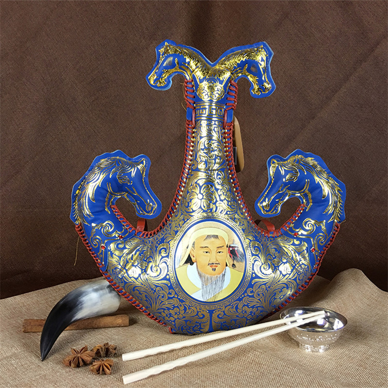 烫银蓝色四马头奶酒 蒙古特色皮壶装马奶酒 远古部落tylssmt奶酒