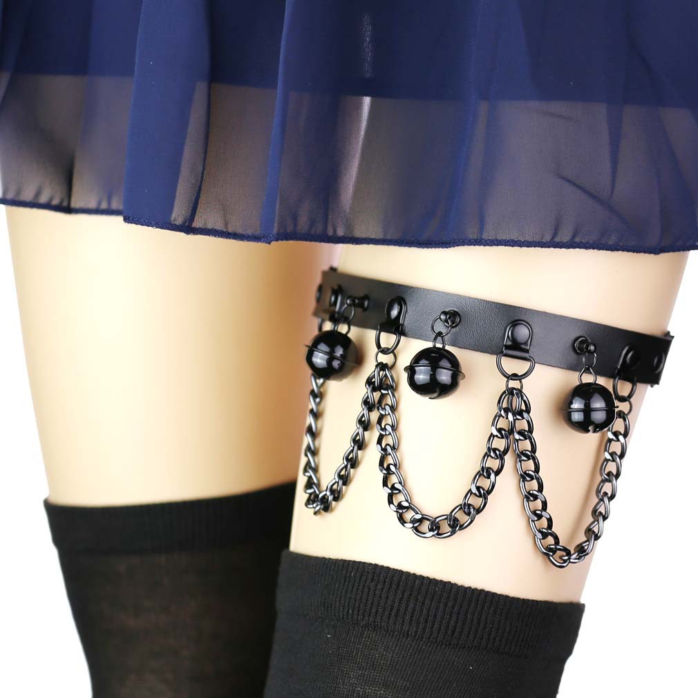 原宿哥特朋克风时尚黑色铃铛链条皮质腿环脚环个性百搭弹力吊袜带